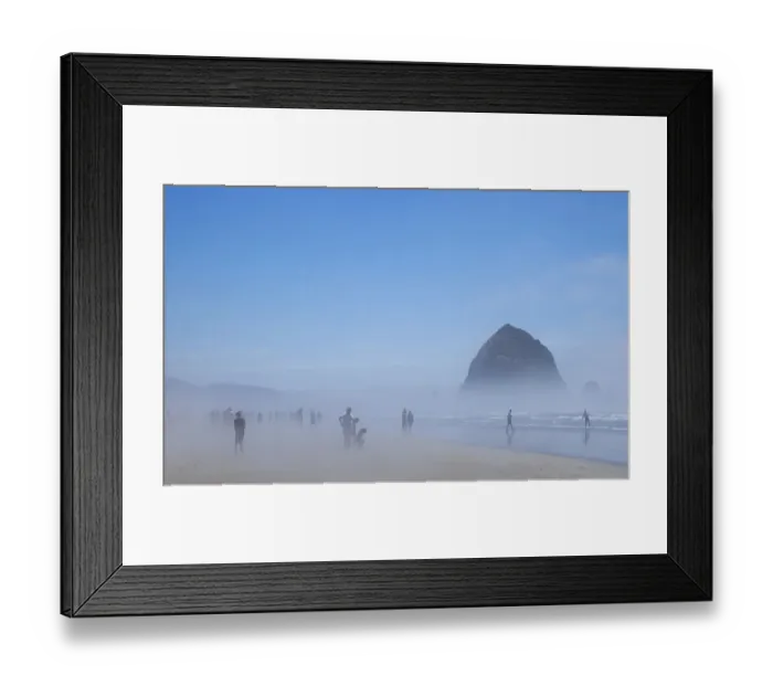 Framed Print : Oregon, Cannon Beach. Haystack Rock, beachgoers in fog Framed Print : Oregon, Cannon Beach. Haystack Rock, beachgoers in fog