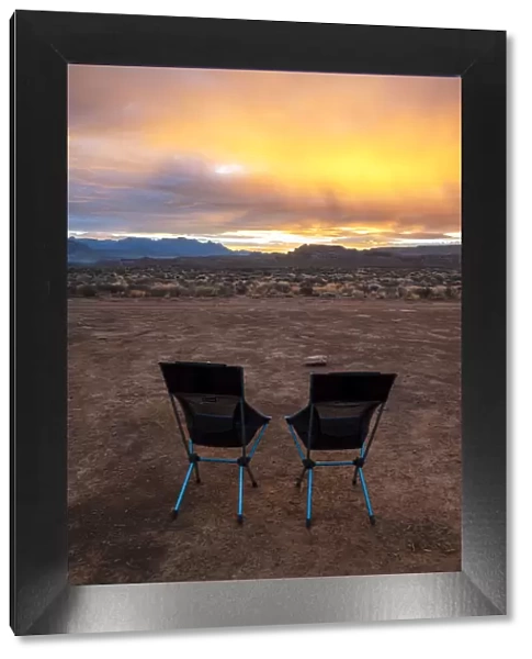 USA, Utah, Virgin. Empty chairs facing the sky