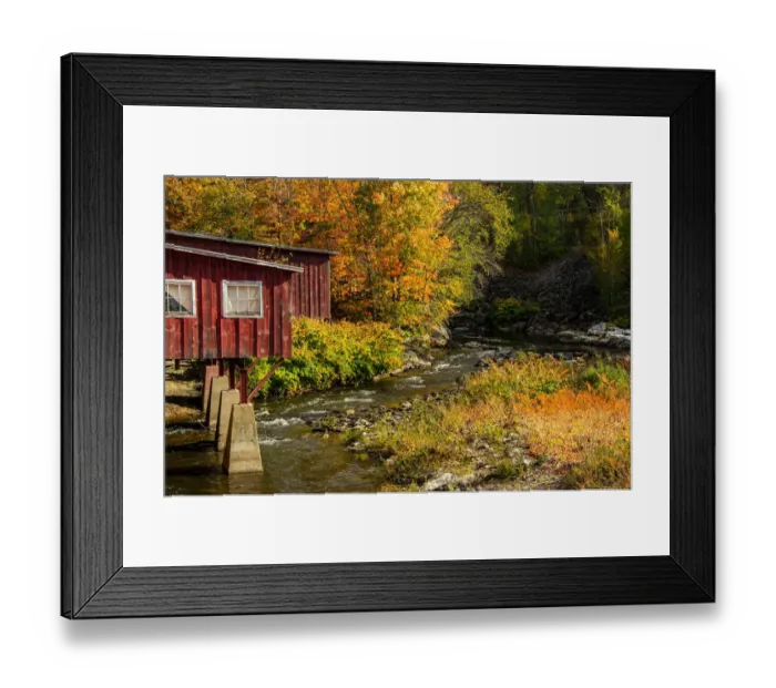 Framed Print : USA, Vermont, Stowe, red mill on Little River as it flows south of Stowe to Winooski River, fall foliage