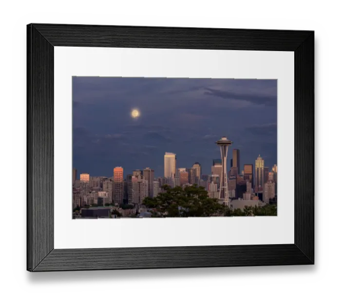 Framed Print : Seattle skyline and super moon at dusk, Seattle, Washington State Framed Print : Seattle skyline and super moon at dusk, Seattle, Washington State