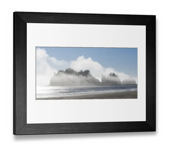 Framed Print : Washington State, Pacific Coast, First Beach. James Island in fog