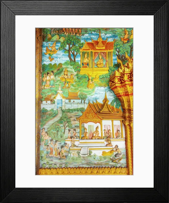 Framed Print : Luang Prabang, Laos. Ancient mural carvings in Wat Mahathat facade