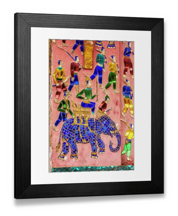 Framed Print : Laos, Luang Prabang. Mosaic mural depicting a man riding an elephant, preparing for hunting or battle Framed Print : Laos, Luang Prabang. Mosaic mural depicting a man riding an elephant, preparing for hunting or battle