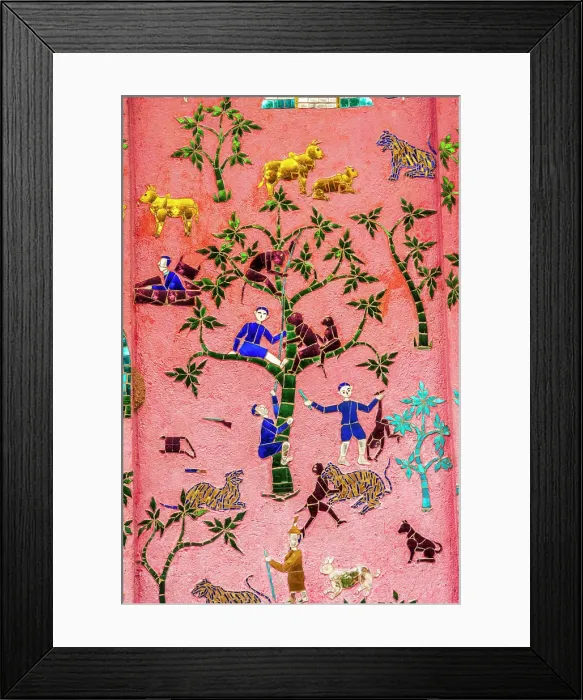 Framed Print : Laos, Luang Prabang. Mosaic mural depicting people and animals