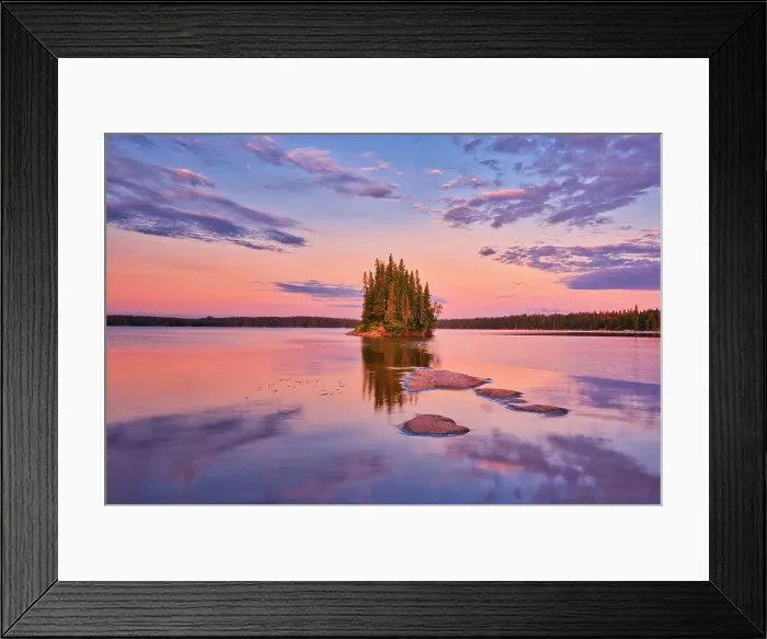 Framed Print : Canada, Manitoba, Paint Lake Provincial Park. Island on Paint Lake at sunrise