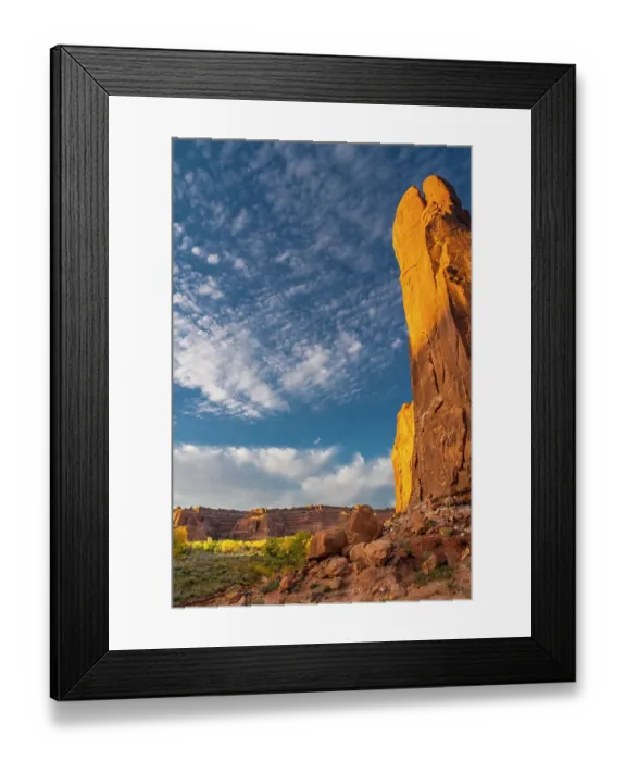 Framed Print : USA, Utah. Cliffs, clouds, and autumn cottonwoods at sunset, Arches National Park