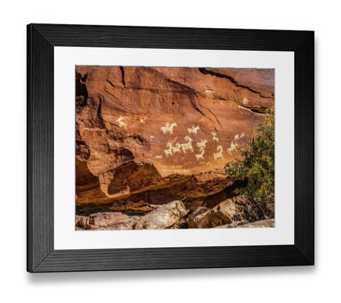 Framed Print : Ute Indian petroglyphs, Arches National Park, Moab, Utah, USA. Created 1650 to 1850 AD glyphs are of sheep, horses and dogs Framed Print : Ute Indian petroglyphs, Arches National Park, Moab, Utah, USA. Created 1650 to 1850 AD glyphs are of sheep, horses and dogs