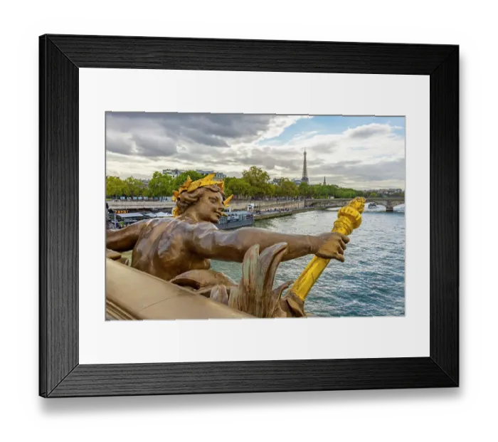 Framed Print : Paris. Nymphes de la Seine statue on Pont Alexandre III, along River Seine. Distant Eiffel Tower
