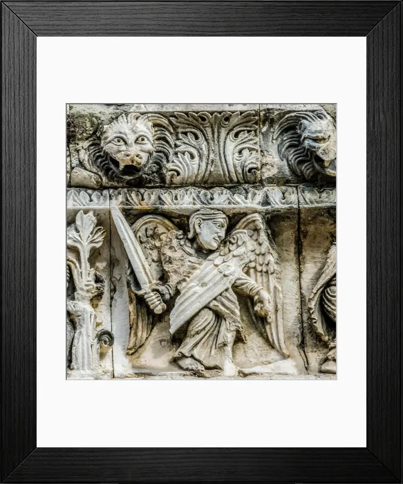 Framed Print : Saint Michael angel statue facade, Nimes Cathedral, Gard, France. Created 1100 AD Framed Print : Saint Michael angel statue facade, Nimes Cathedral, Gard, France. Created 1100 AD