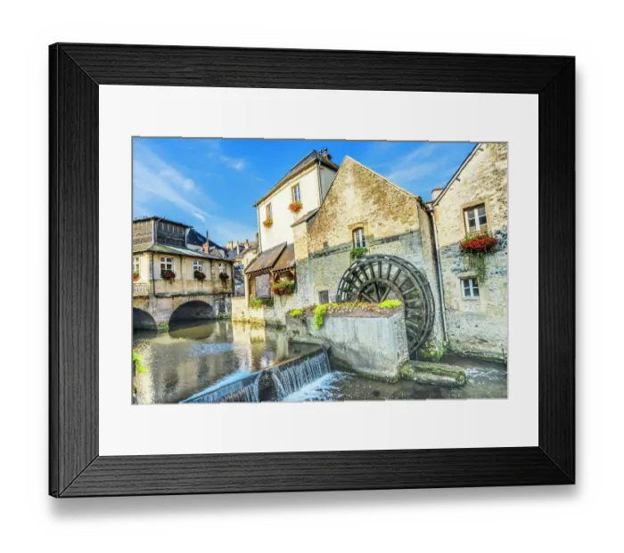 Framed Print : Colorful old buildings, Aure River reflection, Bayeux, Normandy, France. Bayeux founded 1st century BC, first city liberated after D-Day