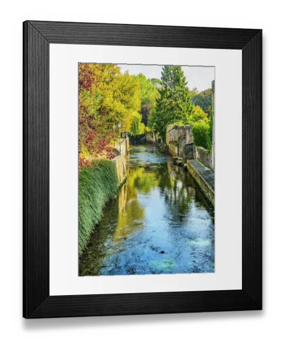 Framed Print : Colorful old buildings, Aure River reflection, Bayeux, Normandy, France. Bayeux founded 1st century BC