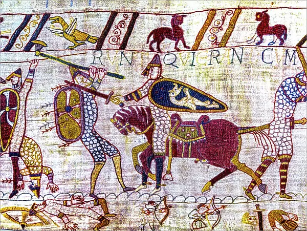 Colorful Medieval Bayeux tapestry, Bayeux, Normandy, France. Created 11th century right after Battle of Hastings 1066 AD showing Norman Conquest. Shows Battle and deaths in lower panel