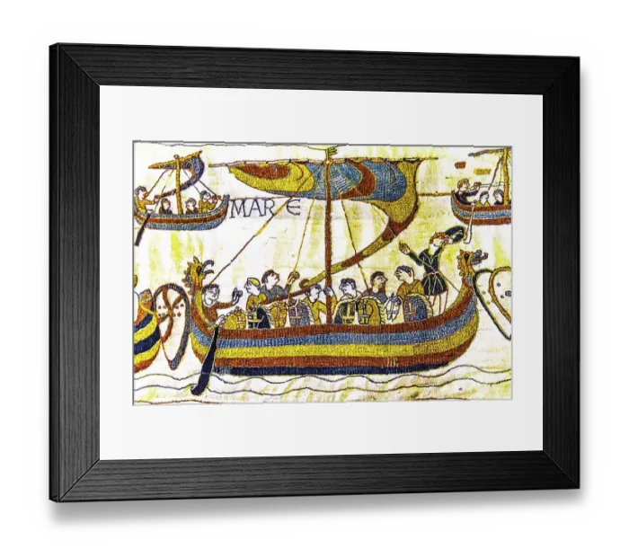Framed Print : Colorful Medieval Bayeux tapestry, Bayeux, Normandy, France. Created 11th century right after Battle of Hastings 1066 AD showing Norman Conquest. Shows Norman Invasion Ship Framed Print : Colorful Medieval Bayeux tapestry, Bayeux, Normandy, France. Created 11th century right after Battle of Hastings 1066 AD showing Norman Conquest. Shows Norman Invasion Ship