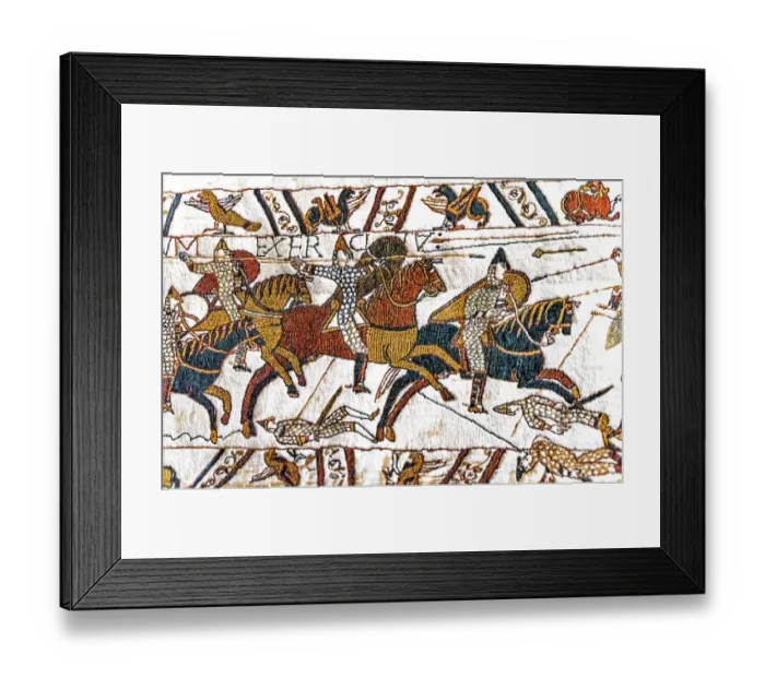 Framed Print : Colorful Medieval Bayeux tapestry, Bayeux, Normandy, France. Created 11th century right after Battle of Hastings 1066 AD showing Norman Conquest. Shows Norman calvary battle and deaths in lower panel