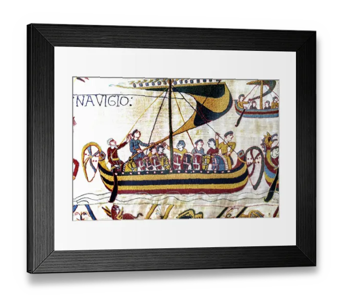 Framed Print : Colorful Medieval Bayeux tapestry, Bayeux, Normandy, France. Created 11th century right after Battle of Hastings 1066 AD showing Norman Conquest. Shows Norman Invasion Ship Framed Print : Colorful Medieval Bayeux tapestry, Bayeux, Normandy, France. Created 11th century right after Battle of Hastings 1066 AD showing Norman Conquest. Shows Norman Invasion Ship