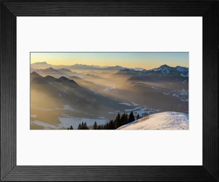 Framed Print : View towards Jachenau and Zugspitze. View from mount Schoenberg near Lenggries in the Bavarian alps during winter. Germany, Bavaria