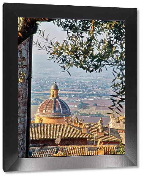 Italy, Umbria, Assisi. The dome of the Convento Chiesa Nuova with the countryside in the distance