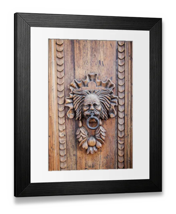 Framed Print : Italy, Umbria, Assisi. Ornate wood carved door knocker Framed Print : Italy, Umbria, Assisi. Ornate wood carved door knocker