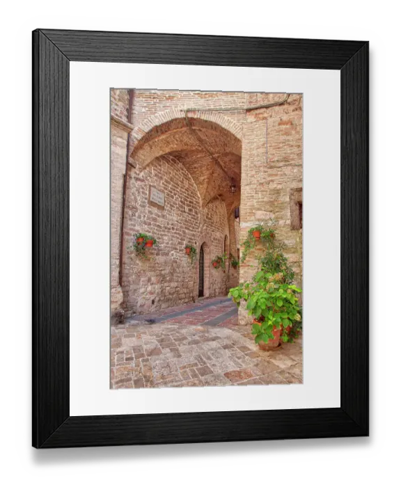 Framed Print : Italy, Umbria. Archway with potted flowers in the streets of Assisi Framed Print : Italy, Umbria. Archway with potted flowers in the streets of Assisi