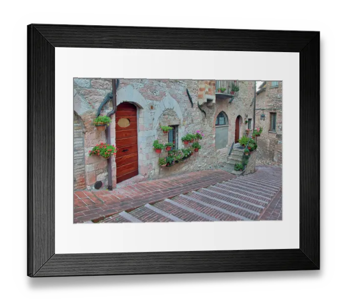 Framed Print : Italy, Umbria, Assisi. Walkway along the streets of Assisi lined with flowering pots Framed Print : Italy, Umbria, Assisi. Walkway along the streets of Assisi lined with flowering pots