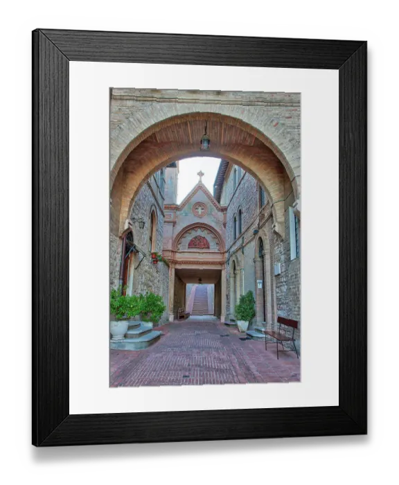 Framed Print : Italy, Umbria, Assisi. Archway and path leading to the Monastero della Santa Croce Catholic Church Framed Print : Italy, Umbria, Assisi. Archway and path leading to the Monastero della Santa Croce Catholic Church