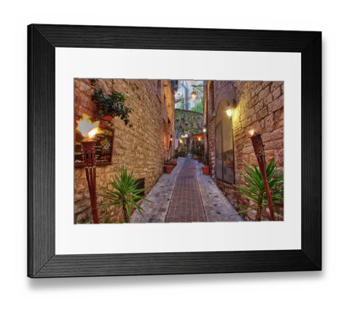 Framed Print : Italy, Umbria. Street lined with flower pots in the town of Assisi Framed Print : Italy, Umbria. Street lined with flower pots in the town of Assisi