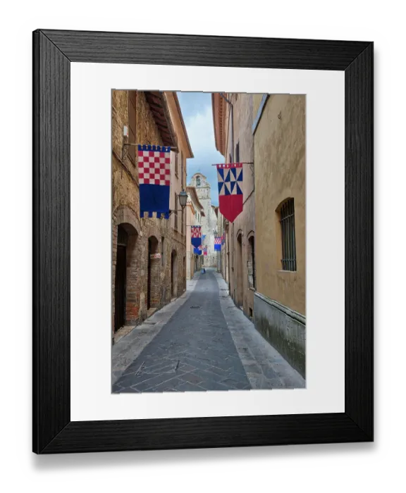 Framed Print : Italy, Umbria. Streets in the historic district of San Gemini decked out with festival jousting flags Framed Print : Italy, Umbria. Streets in the historic district of San Gemini decked out with festival jousting flags