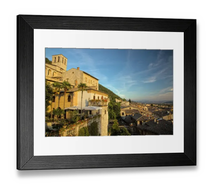 Framed Print : Italy, Umbria. Evening light on flower covered buildings overlooking the medieval town of Gubbio Framed Print : Italy, Umbria. Evening light on flower covered buildings overlooking the medieval town of Gubbio