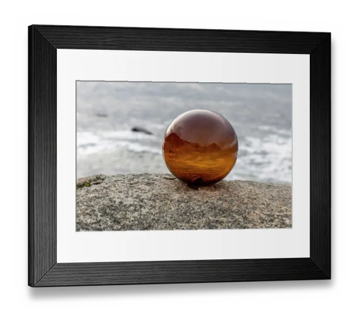 Framed Print : Norway, Lofoten Islands, Vareid. Mountains and ocean viewed through a glass ball Framed Print : Norway, Lofoten Islands, Vareid. Mountains and ocean viewed through a glass ball