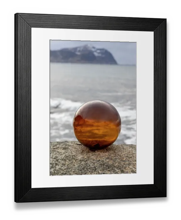 Framed Print : Norway, Lofoten Islands, Vareid. Mountains and ocean viewed through a glass ball Framed Print : Norway, Lofoten Islands, Vareid. Mountains and ocean viewed through a glass ball