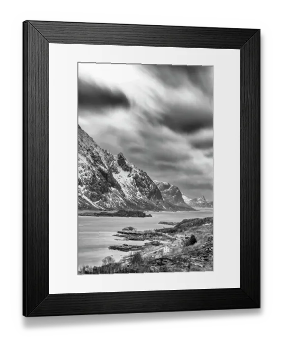 Framed Print : Norway, Lofoten Islands. Fjord at Mount Himmeltinden Framed Print : Norway, Lofoten Islands. Fjord at Mount Himmeltinden
