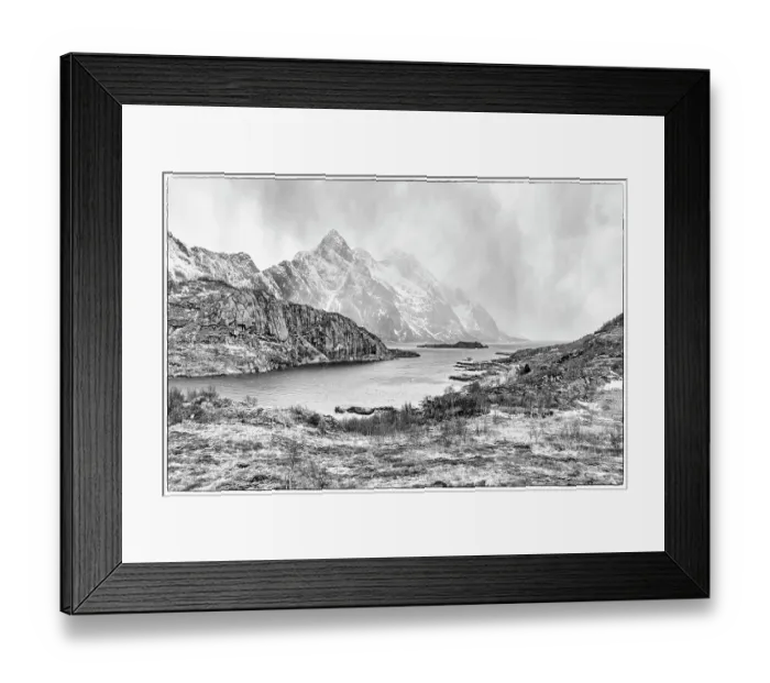 Framed Print : Norway, Lofoten Islands. Fjord at Mount Himmeltinden Framed Print : Norway, Lofoten Islands. Fjord at Mount Himmeltinden