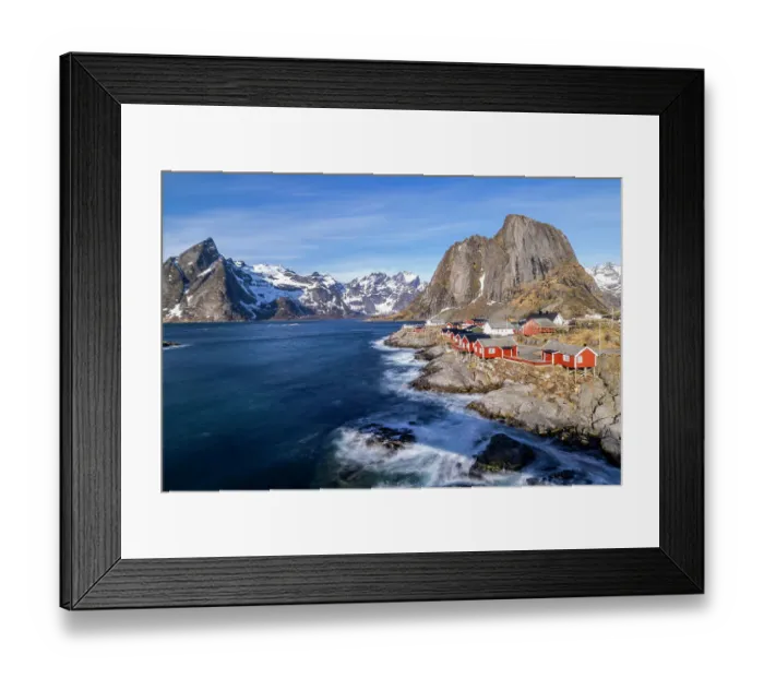 Framed Print : Norway, Lofoten Islands. Hamnoy (Reine), Red Rorbuer (fishermen's cottages)