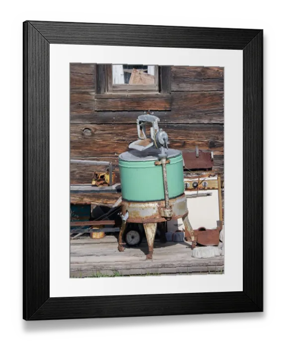 Framed Print : USA, Washington State, Molson, Okanogan County. An old washing machine and old rusty stove on the porch of a building in the historic ghost town