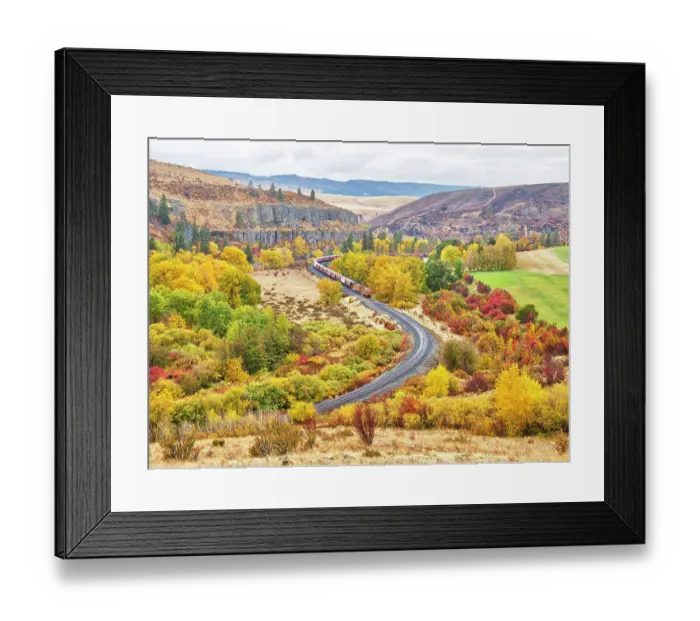 Framed Print : USA, Washington State, Kittitas County. Burlington Northern Santa Fe train along the Yakima River