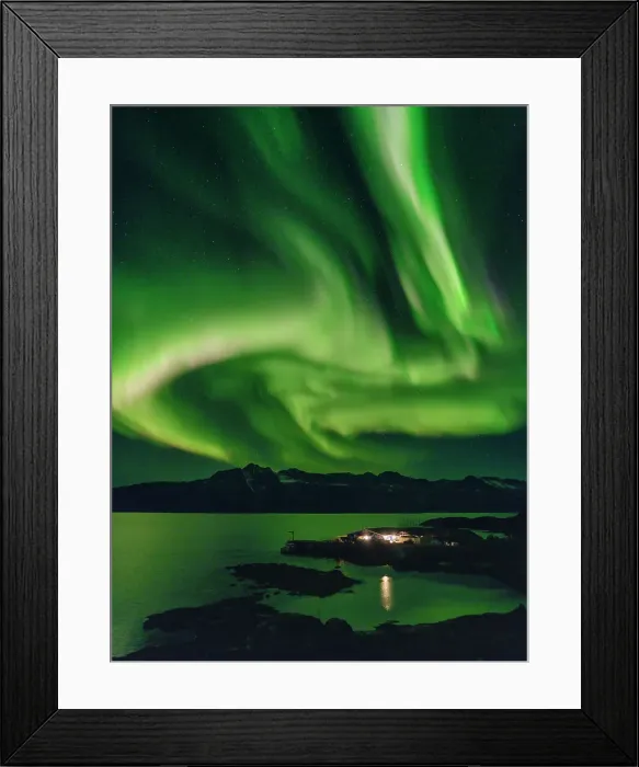 Framed Print : Northern Lights over settlement Kuummiit. Ammassalik area in East Greenland, Danish Territory Framed Print : Northern Lights over settlement Kuummiit. Ammassalik area in East Greenland, Danish Territory