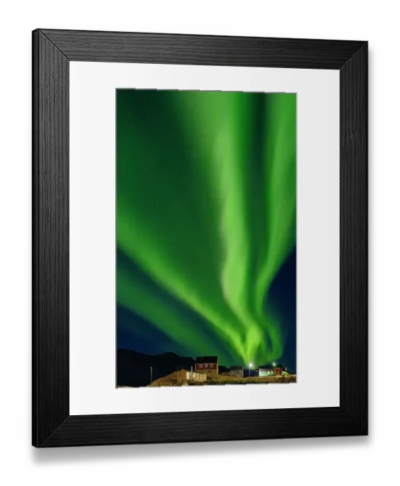 Framed Print : Northern Lights over settlement Kuummiit. Ammassalik area in East Greenland, Danish Territory Framed Print : Northern Lights over settlement Kuummiit. Ammassalik area in East Greenland, Danish Territory