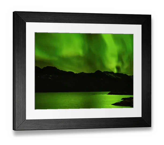 Framed Print : Northern lights over Angmagssalik Fjord near settlement Kuummiit. Ammassalik area in East Greenland, Danish Territory Framed Print : Northern lights over Angmagssalik Fjord near settlement Kuummiit. Ammassalik area in East Greenland, Danish Territory