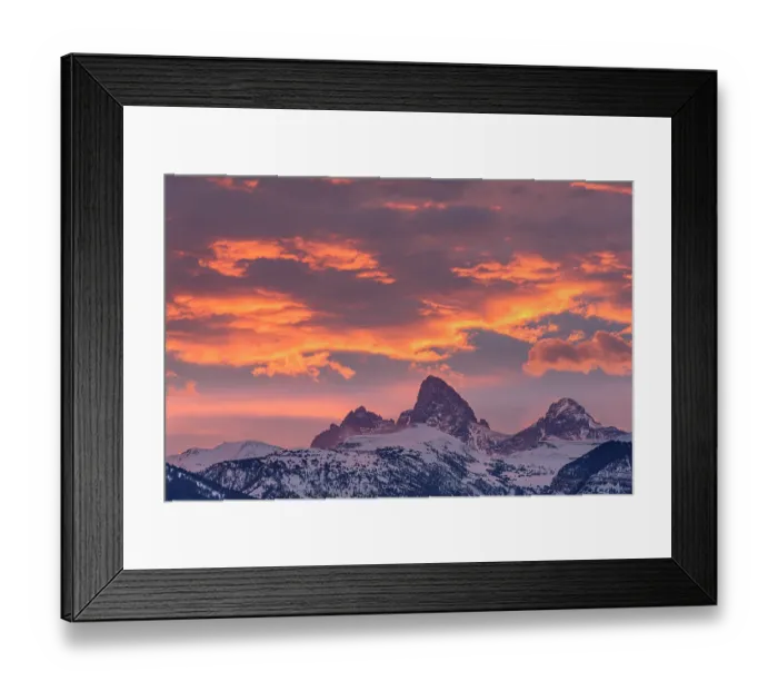 Framed Print : USA, Wyoming. Orange sunset combined with classic landscape of Table, Grand and Middle Teton and Mt. Owen from the west