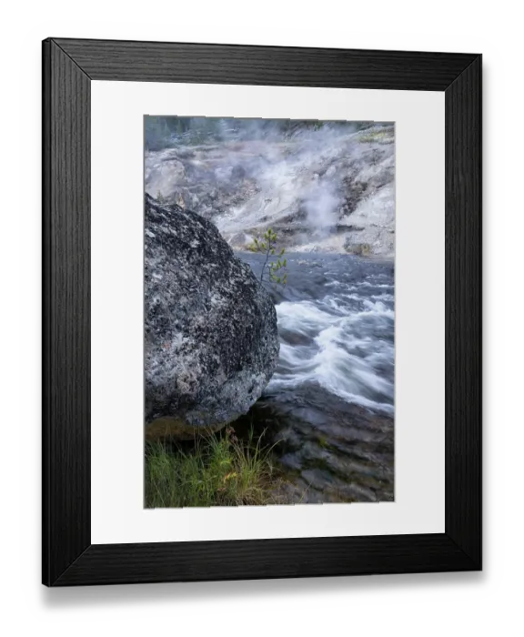 Framed Print : USA, Wyoming. Thermal runoff, rapids, and boulder on the Madison River, Yellowstone National Park