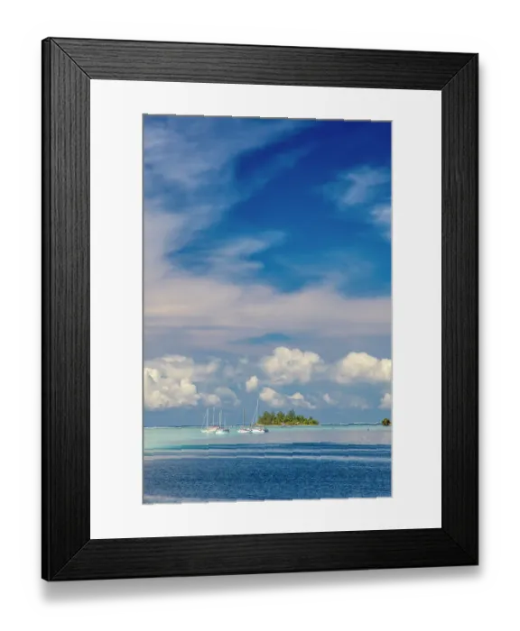 Framed Print : French Polynesia, Moorea. Moored boats and small island Framed Print : French Polynesia, Moorea. Moored boats and small island