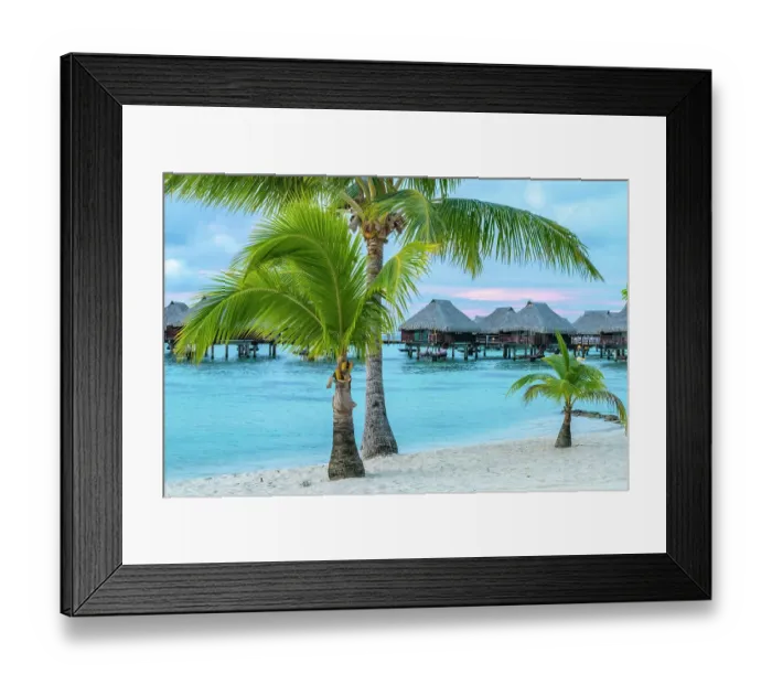 Framed Print : French Polynesia, Moorea. Overwater bungalows