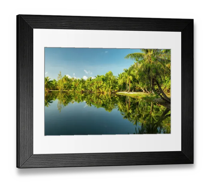 Framed Print : French Polynesia, Taha'a. Tropical jungle reflects in lagoon Framed Print : French Polynesia, Taha'a. Tropical jungle reflects in lagoon