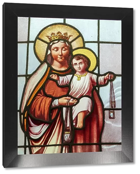 Argentina, Buenos Aires. Stained glass window depicting the Virgin Mary and Jesus