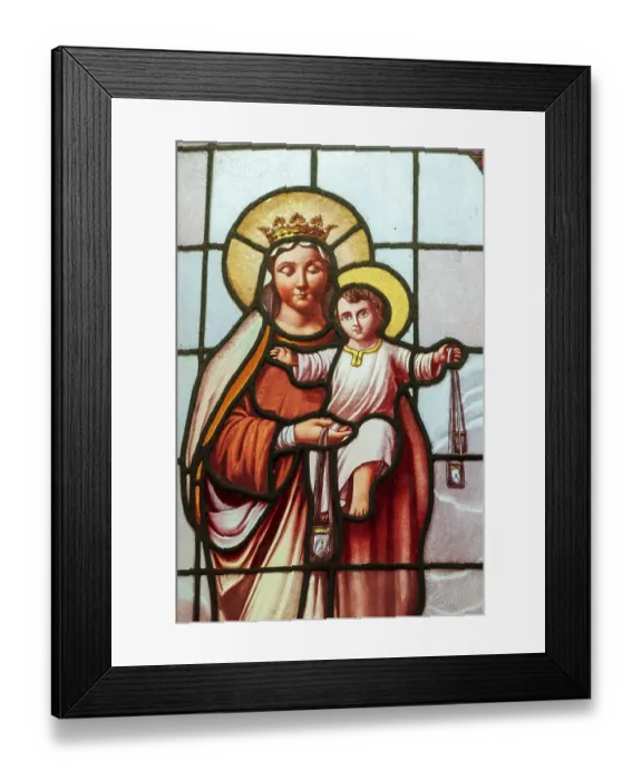 Framed Print : Argentina, Buenos Aires. Stained glass window depicting the Virgin Mary and Jesus