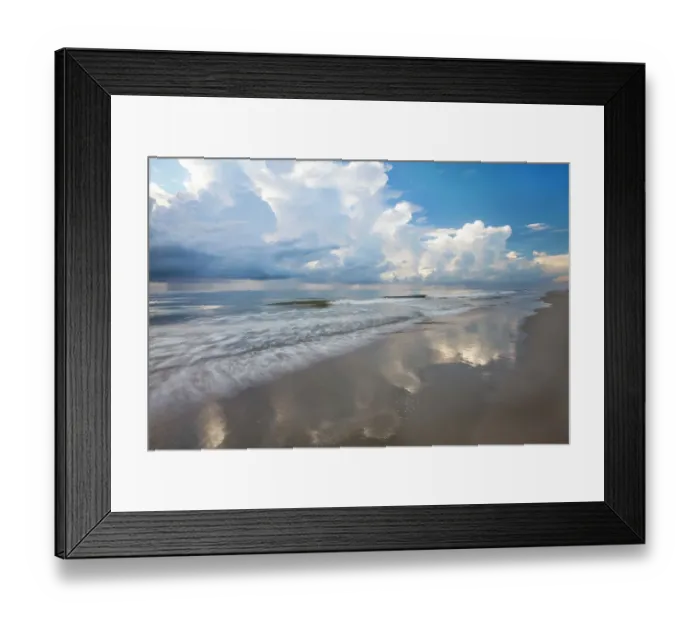 Framed Print : USA, Georgia, Tybee Island. Sunrise with clouds and reflections along the coast