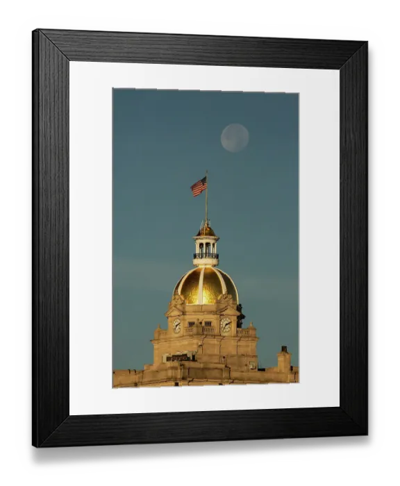 Framed Print : USA, Georgia, Savannah. Moon setting over gold dome at City Hall Framed Print : USA, Georgia, Savannah. Moon setting over gold dome at City Hall
