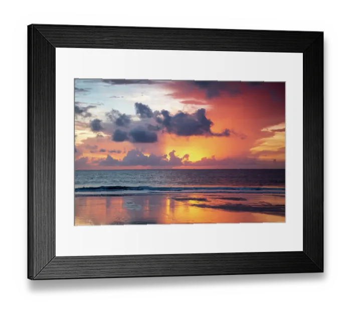 Framed Print : USA, Georgia, Tybee Island. Sunrise with reflections and clouds