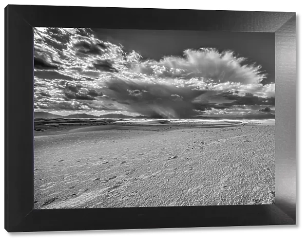 USA, New Mexico, White Sands National Park. Black and white of thunderstorm over desert and San Andres Mountains