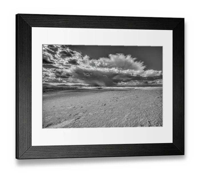 Framed Print : USA, New Mexico, White Sands National Park. Black and white of thunderstorm over desert and San Andres Mountains